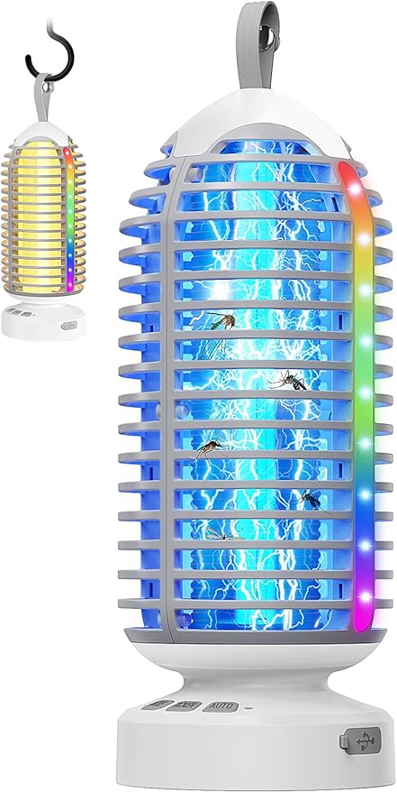 Bug Zapper Outdoor Indoor, 2 Pack Cordless Mosquito Zapper with LED Lights and Marquee Lights, Rechargeable Fly Zapper Outdoor Waterproof for Camping, Patio, Backyard, Garden, Home