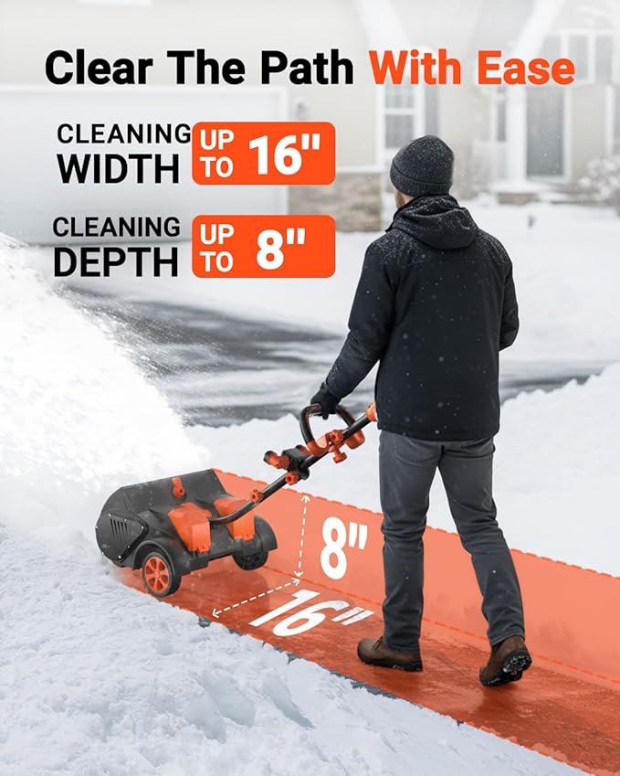VOLTASK Cordless Snow Shovel with Wheels, 48V | 16-Inch | 4-Ah Brushless Cordless Snow Blower, Battery Snow Blower with Directional Plate & LED Lights (2 * 24V Battery & Dual Quick Charger Included)