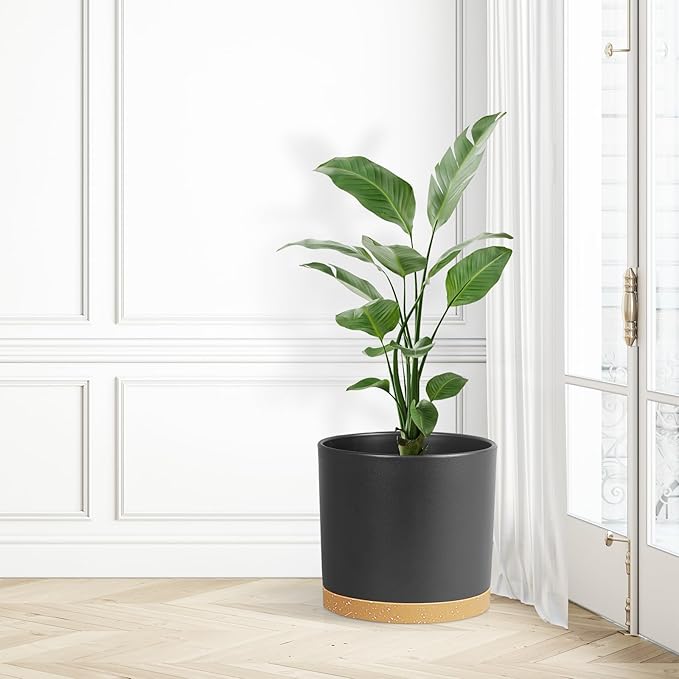 10 Inch Large Deep Plant Pots for Indoor Outdoor, Tall Cylinder Flower Pots with Drainage Holes & Saucer, Big Plastic Planter Pots for Garden House Plants, Black with Brown
