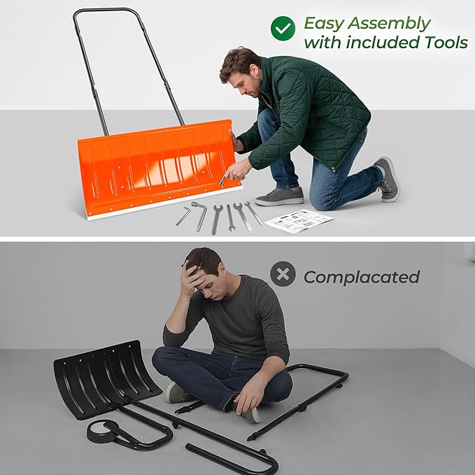 Walensee 30in Metal Snow Shovel for Driveway with Wheels, Snow Pusher Large Blade for Sidewalk Efficient Snow Removal, U-Shaped Handle, Heavy Duty Snow Shovels, Back Saver Snow Plow for Deck