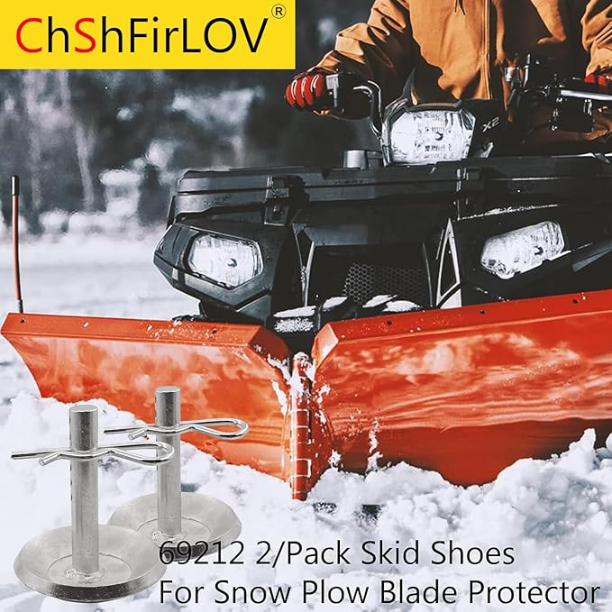 69212 2/Pack Skid Shoes for Snow Plow Blade Protector 5/8 inch Round Shaft and Adjustable Pin Placement Lock Rather Thick Hardened Steel Snow Plow Non-Slip Base - with Quick-Release Cotter Pins