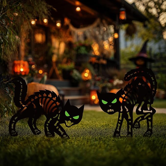 Halloween Decorations Outdoor Black Cat, Metal Black Cat Halloween Decor, Scary Cats Silhouette with Glow in Dark Eyes, Rust-Proof Lawn Decoration Yard Stakes for Family Home Party Garden Décor