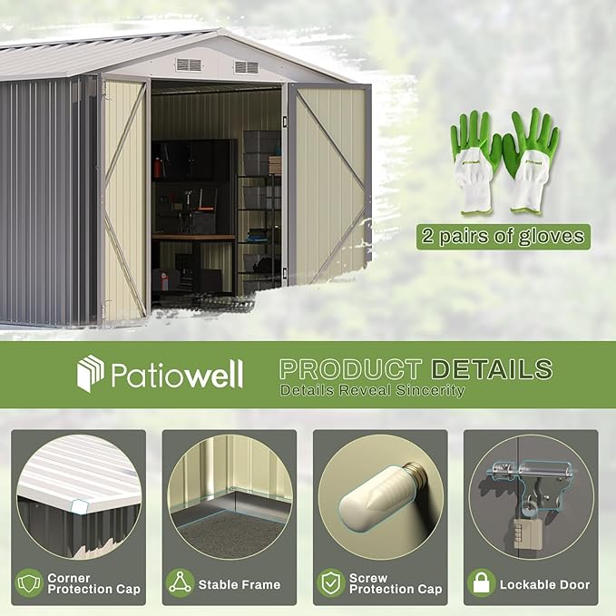 Patiowell 8x10 FT Outdoor Storage Shed with Floor Frame, Large Garden Tool Metal Shed with Sloping Roof and Double Lockable Door, Outdoor Shed for Backyard Garden Patio Lawn,Grey