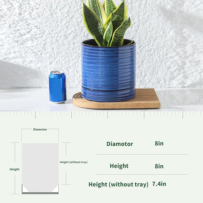Hasense Ceramic Planter 8 Inch, Round Plant Pot with Drainage Hole and Saucer, Modern Flower Pot for Indoor Outdoor Plants, Home Office Decor, Blue