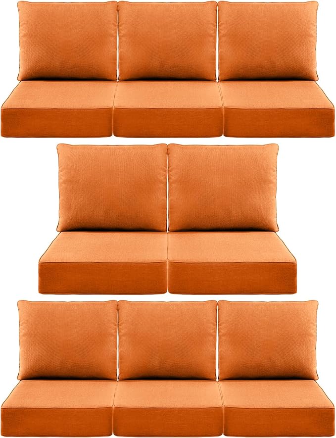 Luxury 6" Outdoor Cushions for Patio Furniture, 24x24x6 Thick Seat Cushion Set of 8, Fade Resistant Couch Chair Replacement Cushions High Density Deep Wicker Chair Cushion w/Removable Cover, Orange