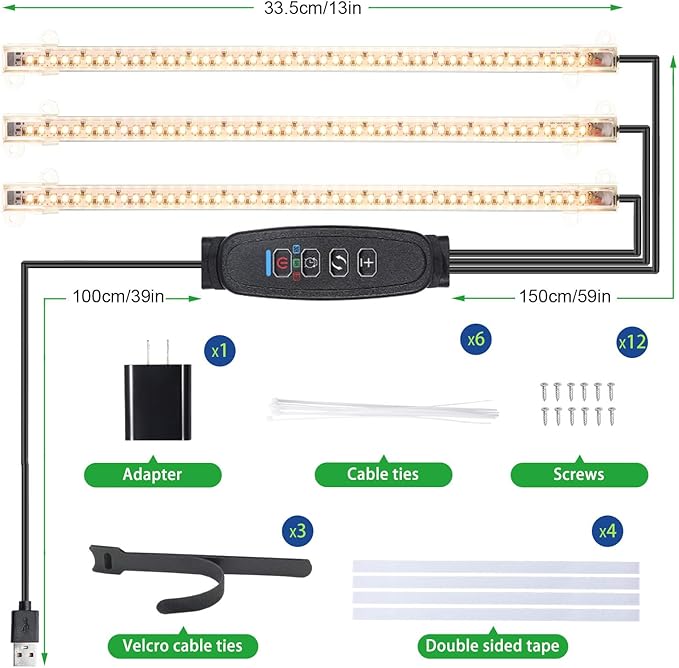 13 Inches LED Grow Light Strips for Plant Shelf, 3500K Full Spectrum Plant Growing Lights for Indoor Plants, 144 LEDs Plant Lamp with 10 Dimmable Levels and 3/9/12H Timer, 3 Head