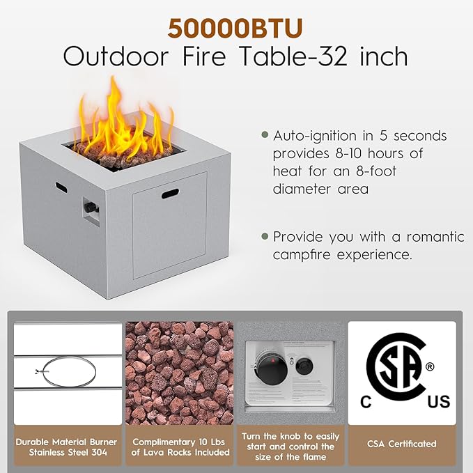 32 Inch Outdoor Fire Pit Table, 50,000 BTU Square Propane Fire Pit with Lid, Lava Rocks, Weatherproof Cover, Alloy Steel Gas Firepit Table for Outside Patio, CSA Certified, Gray