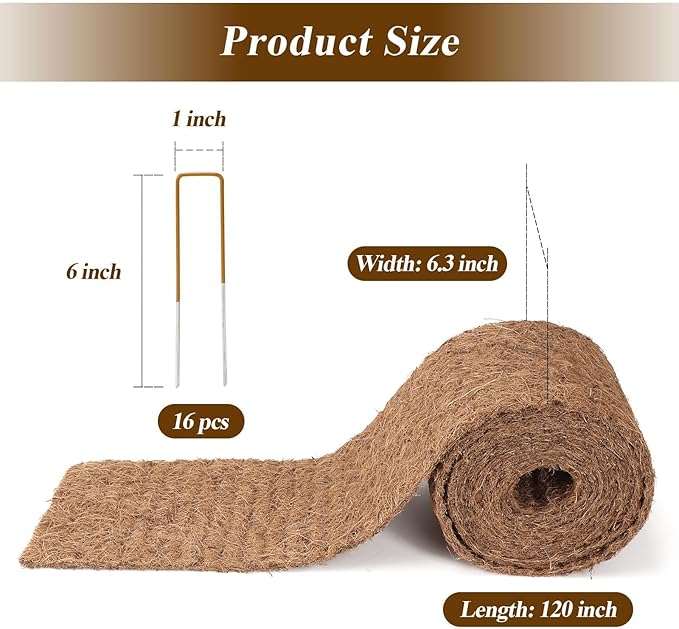 Natural Mulch Roll for Landscaping 240" X 6.3" Coconut Fiber Liner Mulch Mat with 32 U-Shaped Steel Stakes, Thick Mulch Roll for Garden Edging Border, Coconut Liners for Planters, Vegetables & Flowers