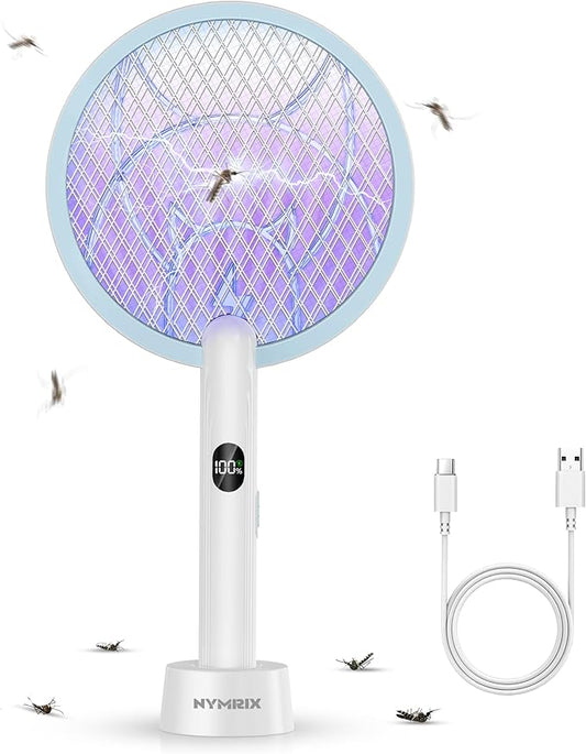 Electric Fly Swatter Racket, 2 in 1 Mosquito Bug Zapper 4100V Handheld Mosquito Killer with 1800 mAh Rechargeable Battery, Purple Light and 3-Layer Safety Mesh for Indoor Outdoor Blue