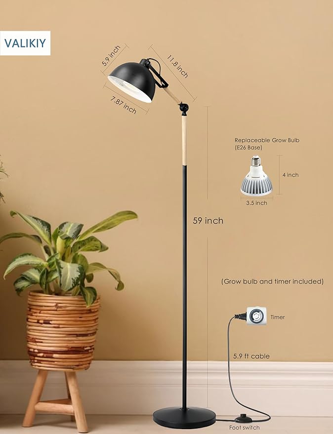 LED Grow Light for Indoor Plants, 20W Adjustable Standing Grow Lamp with Rotatable Head, Foot Switch & External Timer, Full Spectrum, Energy-Efficient & 97+ CRI for Thriving, Lush Growth.