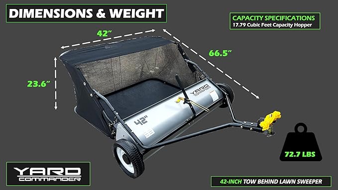 42-Inch Tow-Behind Lawn Sweeper, 10" Nylon Brushes, Universal Tractor/ATV Hitch, Never-Flat Wheels, Adjustable Height, 1-Year Warranty, Ideal for Leaves, Grass & Debris