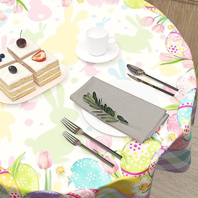 Giwawa Easter Tablecloth Round 60 Inches - Colorful Cute Bunnies Eggs Buffalo Check Plaid Table Cover Washable Stain and Wrinkle Resistant Reusable Table Cloth for Holiday Decor
