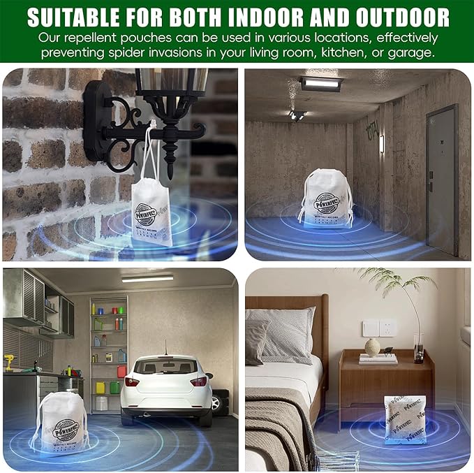 12 Pack Long-Lasting Spider Repellent Pouches - Natural Peppermint & Lemongrass Oil Blend, Indoor/Outdoor Pest Control for Closets, Attics, Garages, RVs (60 Day Protection)