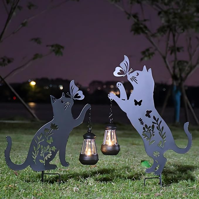 Solar-Powered Black 2-Pack Cats Garden Decor Stakes - Metal Silhouette Figurine for Outdoor Yard, Lawn, and Patio Decoration