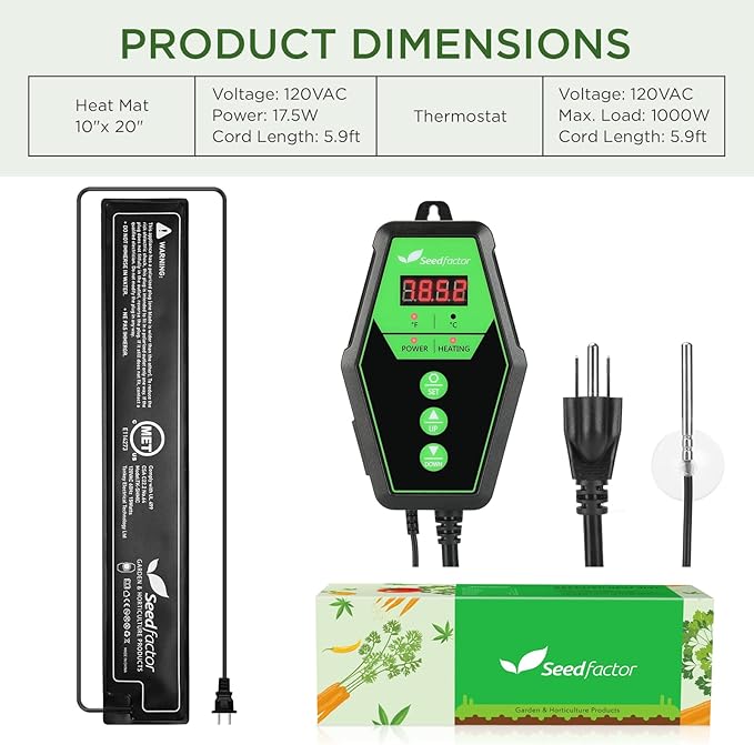 Seedfactor 3.5" x 21" MET Certified Seedling Heat Mat and Digital Thermostat Combo Set