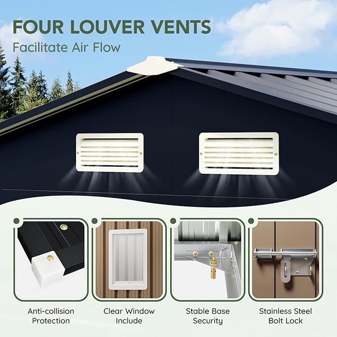 6x8FT Outdoor Metal Storage Shed, Double Door, 1 Clear Window, Tool Shed for Garden, Patio, Backyard Brown