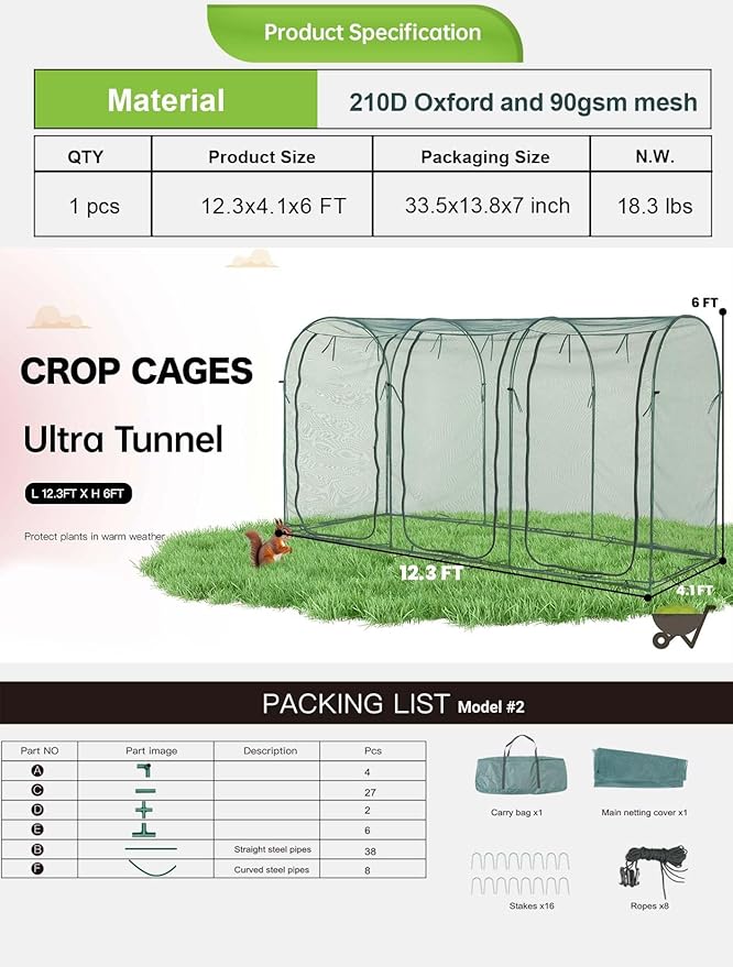 Poray Large 12.3X4FT Tunnel Plant Netting Cover,6FT Tall Crop Cage Tomato Netting for Vegetables&Fruits,Durable Gardening Net for Plant and Animals