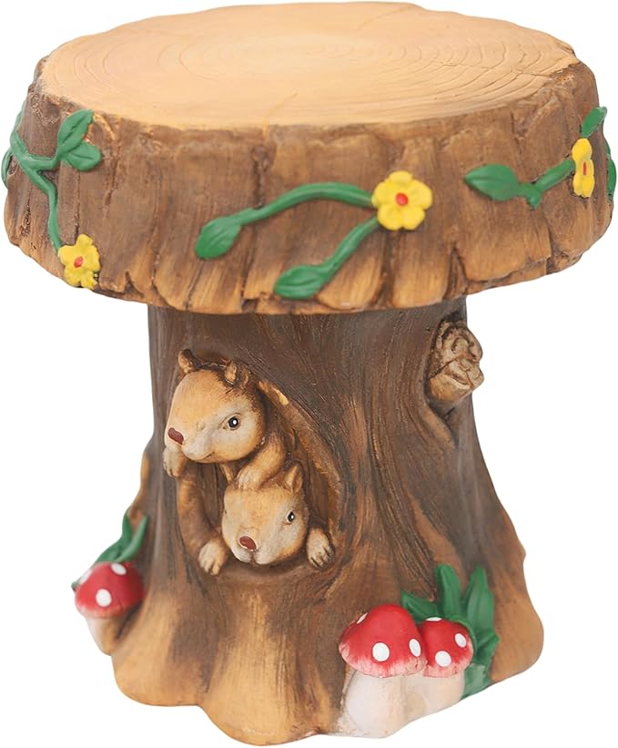 Delicate Fairytale Resin Mushroom Squirrel Garden Stool Statue Lovely Versatile Ornamental in/Outdoor Backyard Patio Squirrel Stool Sculpture Decor