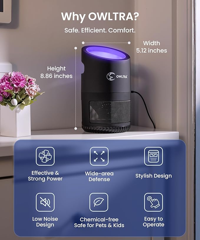 IMT-L70 Indoor Electric Insect Trap, Catcher & Killer Lamp for Fruit Flies, Mosquitos, Moths, Gnats, and More with UV Light Attraction and Fan Suction, Black