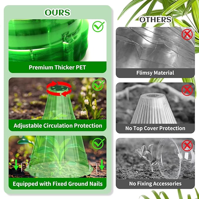 Garden Cloches for Plants, 40 Pack Garden Cloche with Rotary Vent, Reusable Bell Plant Covers with 40Pcs Ground Stakes, Plant Cloche Protectors from Animals Snails Birds Chickens, 7.9" H X 6.7" D