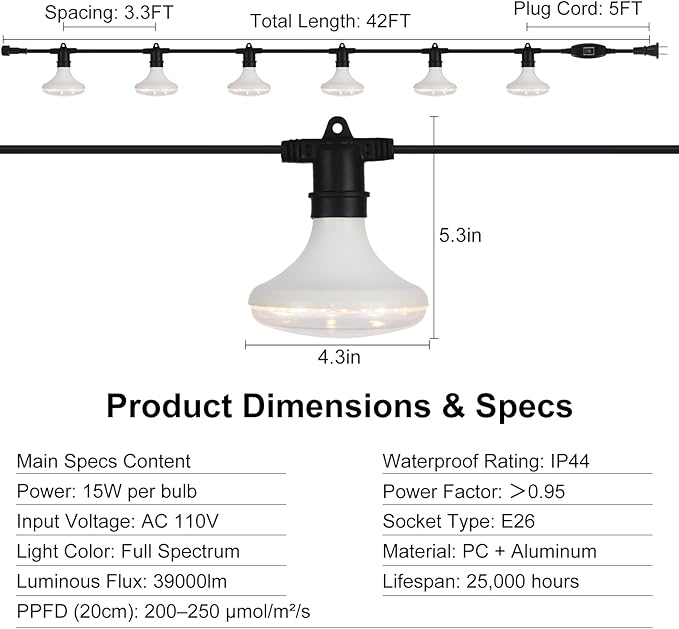 Outdoor Grow Lights Waterproof, Full Spectrum String Grow Light with 22FT Light String Cord for Seedling, Veg, Flower in Greenhouse, Garden, Backyard, Farm (12 Lights, with Smart Plug)
