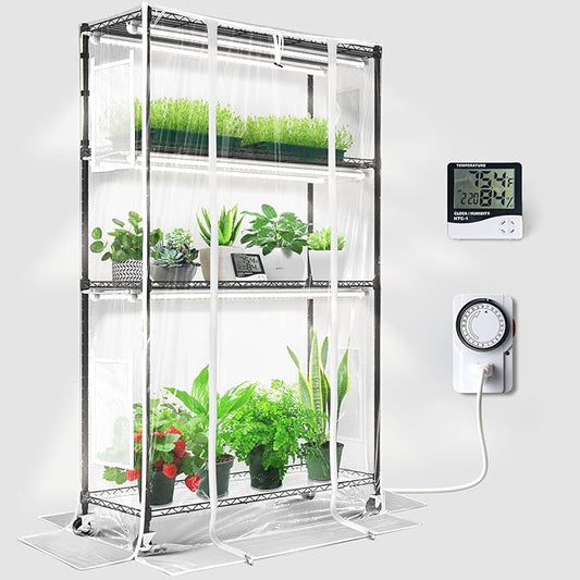 Barrina CX5Z Indoor Greenhouse with Grow Light, 6PCS 30W per Light Full Spectrum T8 Plant Lights, 4-Tier Portable Metal Plant Stand Tent and Thermometer for Seed Starting, 35.4x13.8x59IN
