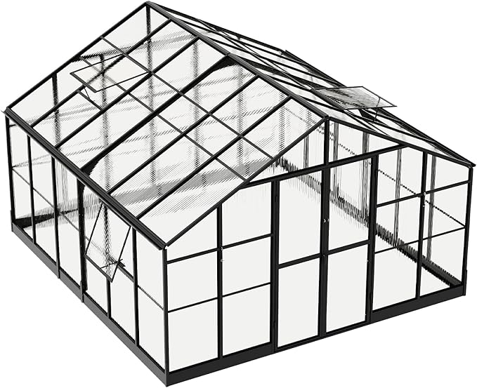 AMERLIFE 12x13.5x9 FT Polycarbonate Greenhouse with Quick Connector Fast Assembly, Large Greenhouses for Outdoors, Swing 2 Doors 4 Vents , Black