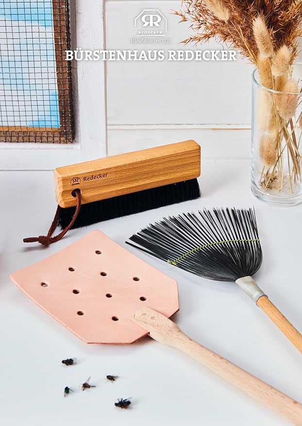 REDECKER Flyswatter with Beechwood Handle and Punched Leather Head, Flexible Leather Head is Stain Resistant and Easy to Clean, 20 inches - Fly Swatter, Made in Germany - Wooden Fly Swatter