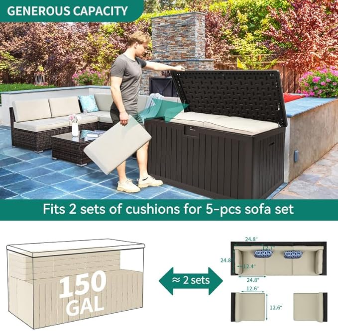 YITAHOME XL 150 Gallon Large Deck Box,Outdoor Storage for Patio Furniture Cushions,Garden Tools,Waterproof,Lockable (Black)