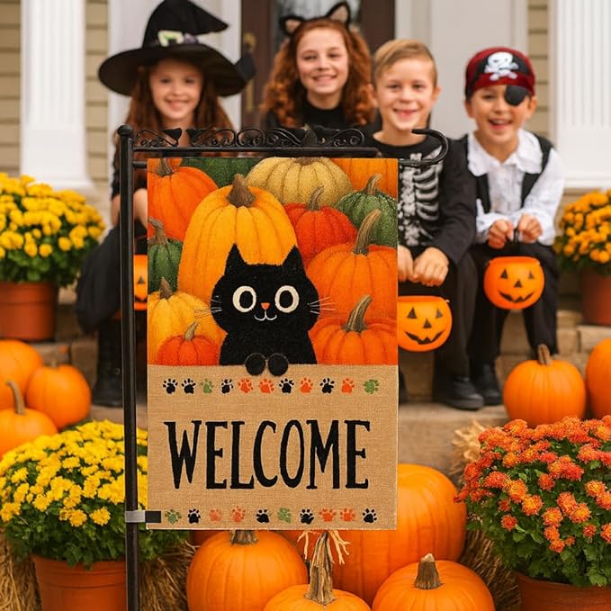 Halloween Garden Flag – Black Cat Pumpkin Patch Welcome Flag, 12x18 Double Sided Burlap Halloween Yard Flag for Outside, Seasonal Fall Outdoor Decoration, Weatherproof
