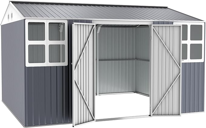 Metal shed 12x10 FT Outdoor Storage, Heavy-Duty Garden Sheds with Customizable Skylight & Reinforced Steel Frame, Weatherproof Galvanized Tool Tiny House for Backyard, Patio, and Lawn