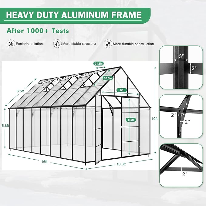JULY'S SONG 10x16 FT Greenhouse for Outdoor, Large Easy Assembly Heavy Duty Polycarbonate Panels Aluminum Frame Walk-in Green House with 3 Windows Wider Door for Garden Plants Outside