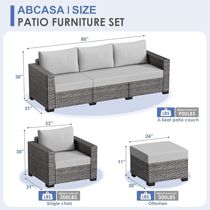 ABCASA Patio Furniture Set, Oversized 7 Piece 5 Seats Comfortable Wicker Rattan Outdoor Furniture Set with Ottoman,Deep Seat & 4.72'' Soft Cushion Patio Conversation Sets for Porch,Deck,Backyard,Grey