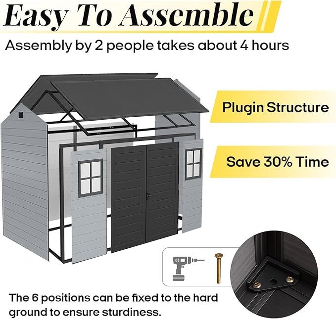 8x4 FT Resin Storage Sheds Outdoor with Floor Included, Plastic Sheds & Outdoor Storage Clearance with 2 Windows and Lockable Door, Backyard Storage Sheds for Garden Tools, Bike, Black+Grey