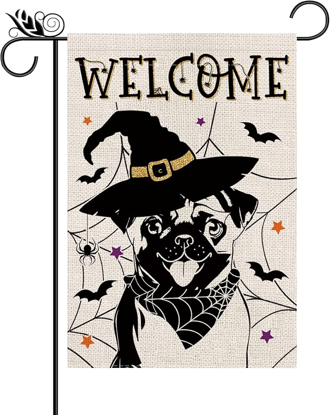 Halloween Garden Flag Pug Cobweb Bats Double Sided Vertical Welcome Flag Holiday Outdoor Yard Lawn Decorations 12.5 x 18 Inch