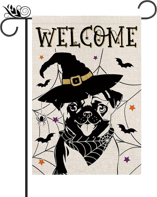 Halloween Garden Flag Pug Cobweb Bats Double Sided Vertical Welcome Flag Holiday Outdoor Yard Lawn Decorations 12.5 x 18 Inch