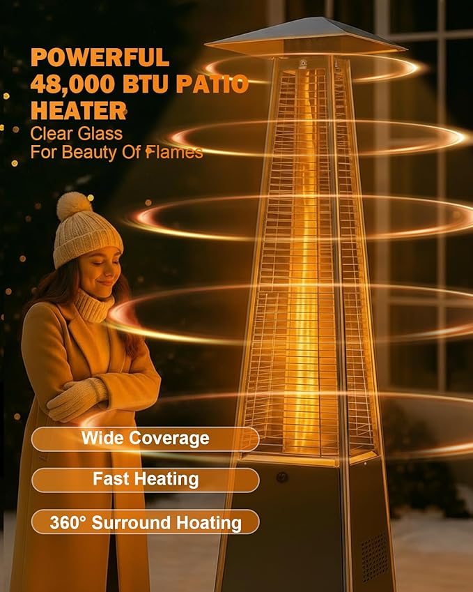 Pyramid Patio Heater, 48000 BTU Fast Heating Outdoor Propane Heater for Wide Area with Wheels & Weatherproof Cover, Triple Protection System for Patio, Yard, Pool, Garden