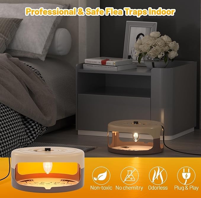 2 Pack Flea Traps for Inside Your Home, Indoor Flea Light, Bed Bug Killer with 8 Sticky Pads & 4 Light Bulb, Odorless Natural Insect Infestation Treatment Trap for Kid Pet