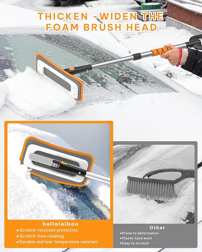 helloleiboo 39.8" 3-in-1 Snow Brush for Car Snow Broom Extendable Snow Brush and Ice Scraper 12-Inch Pivoting Foam Head Snow Scraper for Christmas Car Truck SUV (Orange)