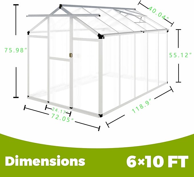 6 x 10FT Greenhouse for Outdoors,Polycarbonate Garden Backyard,Silver