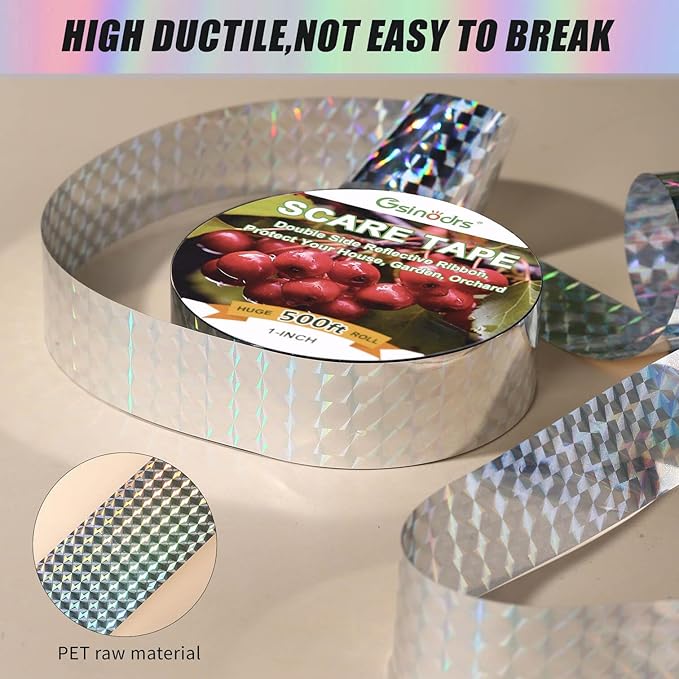 Double-Sided Reflective Bird Scare Tape Ribbon - 500ft x 1in Outdoor Reflective Tape for Gardens, Orchards & Farms - Wind Activated Flash Tape to Scare Bird - No Adhesive, Easy Tie-On Installation