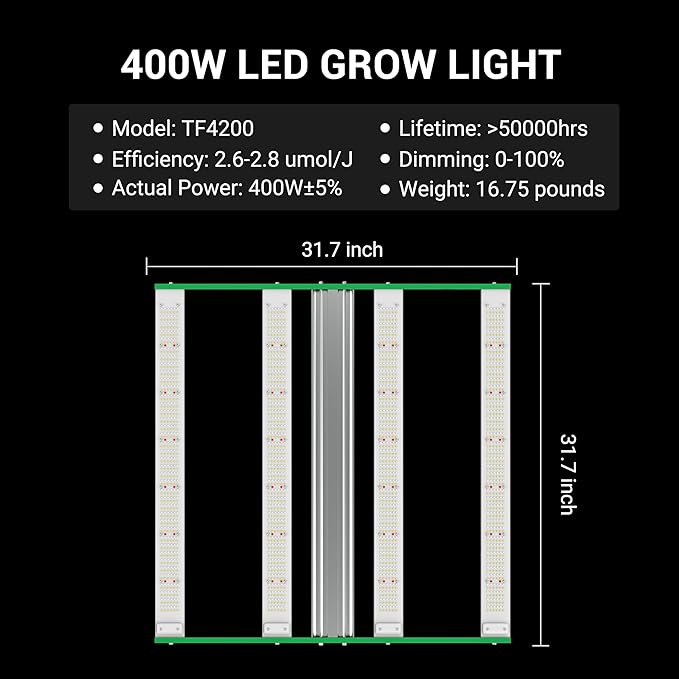 RDJ Bouns 2023 Fresh LE4200 400W LED Grow Light for 3x3 Tent - Wide Body 4 Bar Full Spectrum Daisy Chain Dimmable Ideal for Indoor Growers