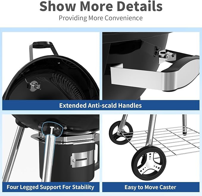 22.5-Inch Portable Charcoal Grill, Heavy Duty Kettle BBQ Smoker with Built-in Thermometer & Removable Water-Rinsable Ash Catcher for Outdoor Camping, Patio, Backyard, and Tailgating