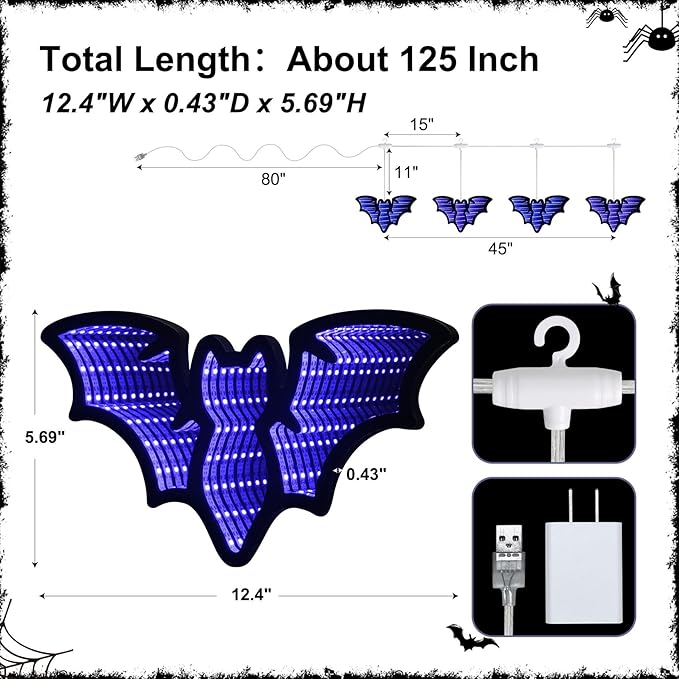 Halloween Décor 4 Bats Infinity Lights with USB Powered, 10.42FT 3D Infinity Mirror String Lights, Halloween Indoor Decorations for Window Wall Outdoor Party Room