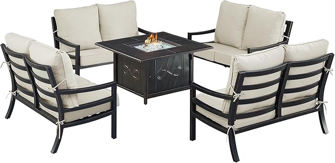 Oakland Living Black Aluminum Patio Fire Table Set with Four Deep Seating Loveseat with Cushions with Light Grey Cushions
