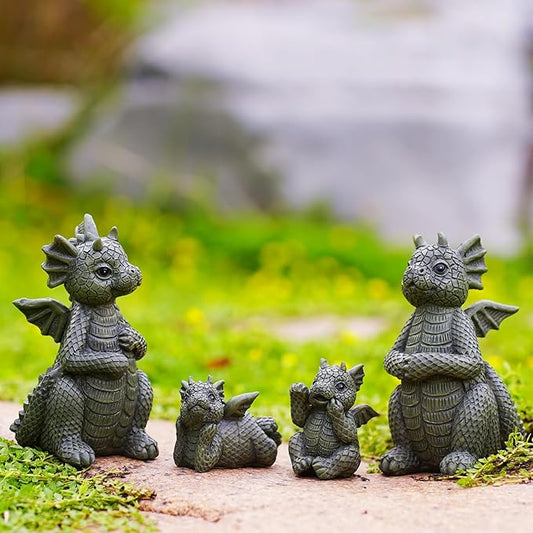Nacome Dragon Statues for Fairy Garden Accessories: Outdoor Set of 4 Table Sculptures for Clearance Outside Lawn Ornaments Porch Patio Balcony Yard – Gifts for Mom Grandma