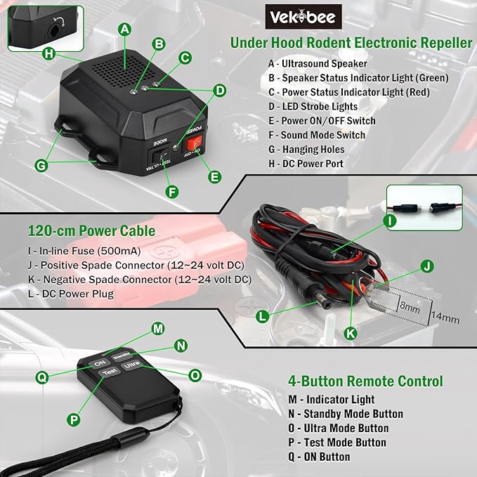 Ultrasonic Rodent Repellent for Car Engines, 12V 24V Wired Ultrasonic Mouse and Rat Deterrent with LED Strobe Lights and Remote Control – Under Hood Animal Repeller for Cars, Trucks, RVs, Vehicles