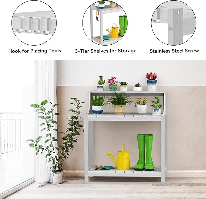 Premium Wood Potting Bench Table with Storage & Hooks - Durable All-Weather Garden Workstation for Patio, Deck & Yard - 360 lbs Capacity, Rust & Fade Resistant