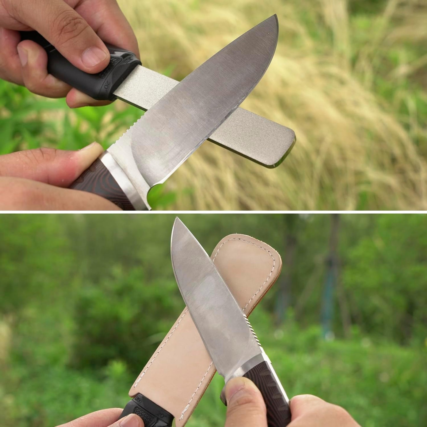 SHARPAL 127N Dual-Grit Diamond Sharpening Stone File Garden Tool Knife Sharpener with Leather Strop Coarse 325 / Extra Fine 1200 Grit for Lawn Mower Blade, Axe, Hatchet, Hedge Shears, Chisels, Drills