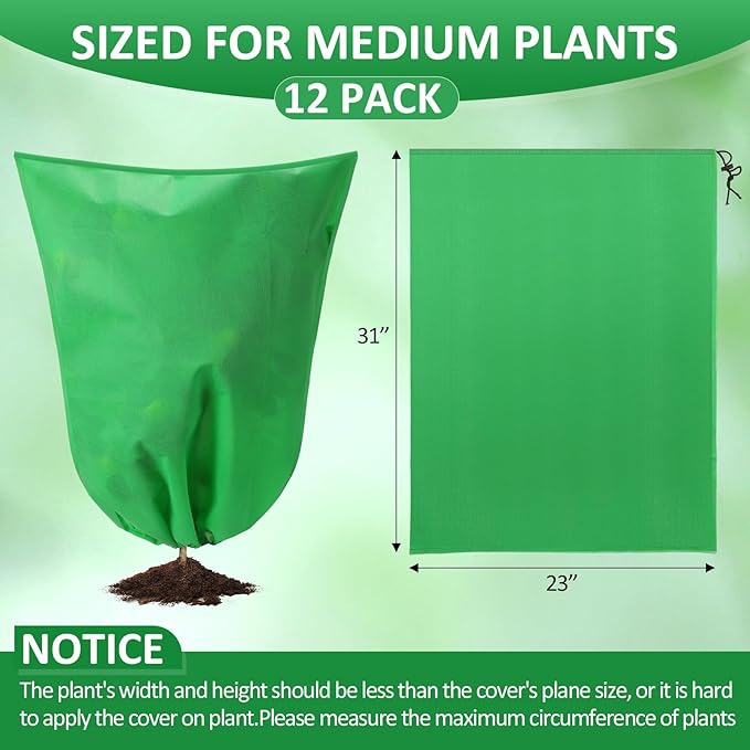 12 Packs Winter Plant Covers Freeze Protection Drawstring Tree Cover 23.62 x 31.5 in Large Reusable Frost Protection for Plants Fruit Tree Shrub, Outdoor Prevention Bag(Dark Green)